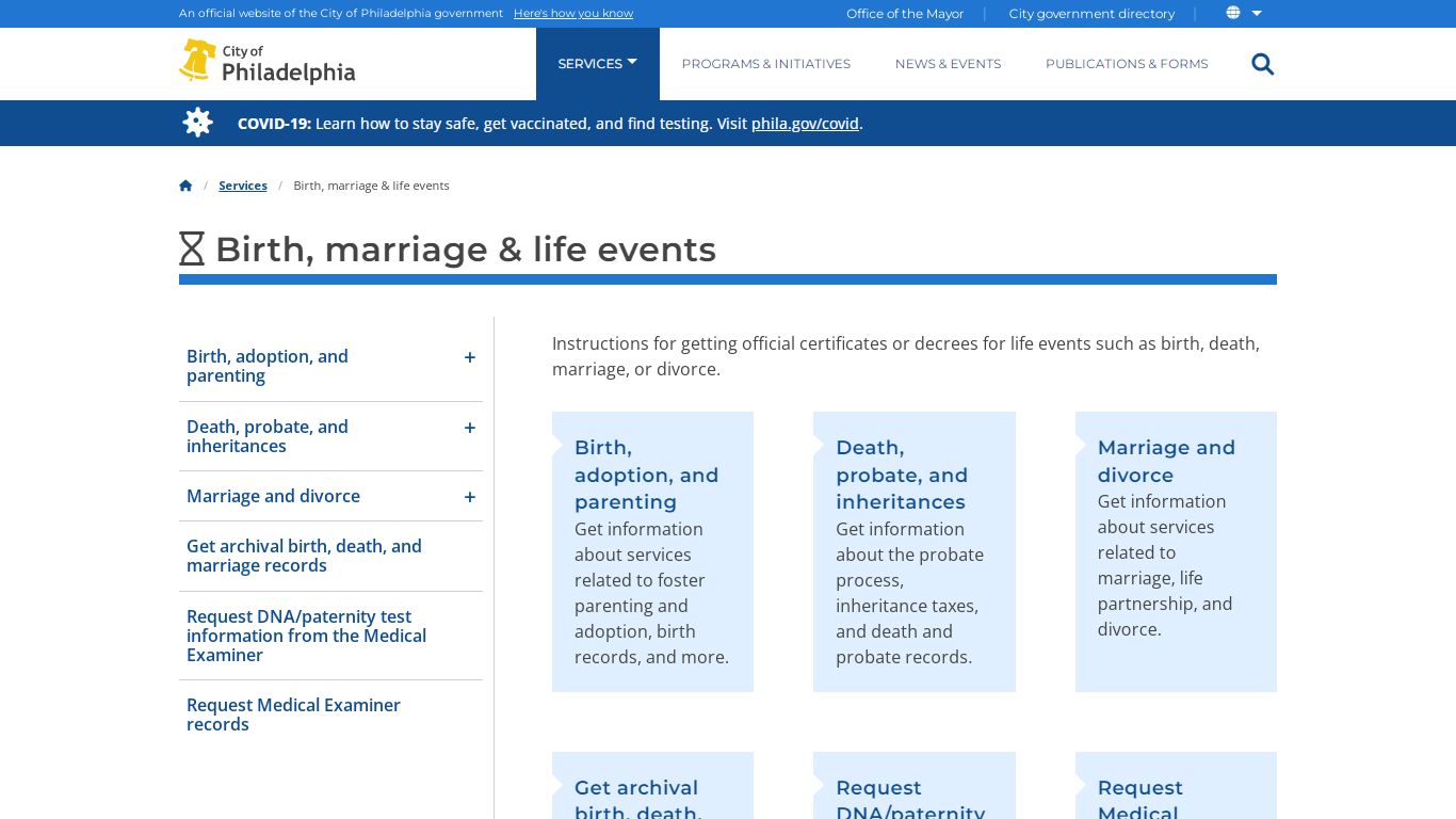 Birth, marriage & life events | Services | City of Philadelphia